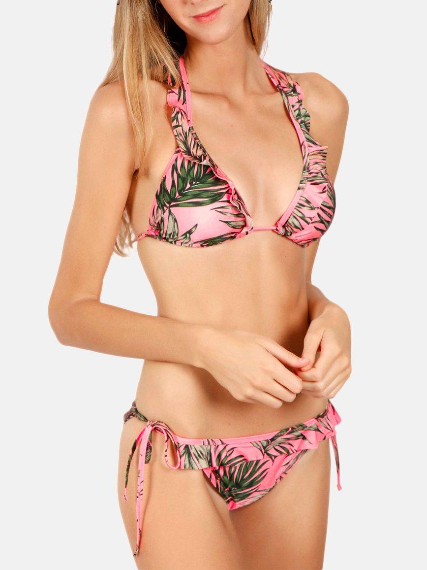 Admas  Bikini a triangolo in 2 pezzi con balze rosa Fluor Leaves 