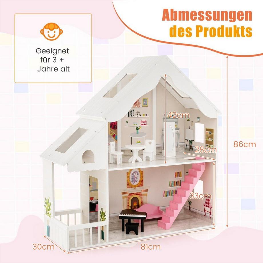 Northio  Casa delle bambole in legno a 2 piani con accessori e mobili 