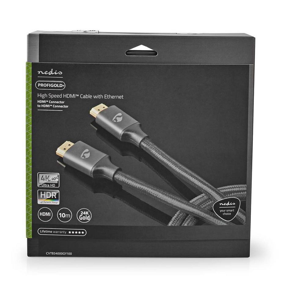 Nedis  Câble HDMI™ haute vitesse avec Ethernet | Connecteur HDMI™ | Connecteur HDMI™ | 4K@30Hz | ARC | 18 Gbps | 10,00 m | Rond | Coton | Gris Avec Métal | Verrouillage 