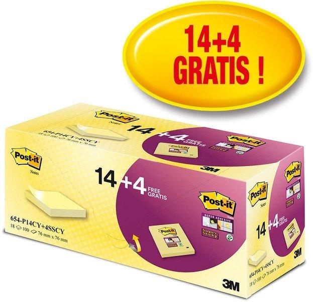 Post-It POST-IT Notes Promo Pack 77x76mm 654P14CY+ canary yellow 14+4  