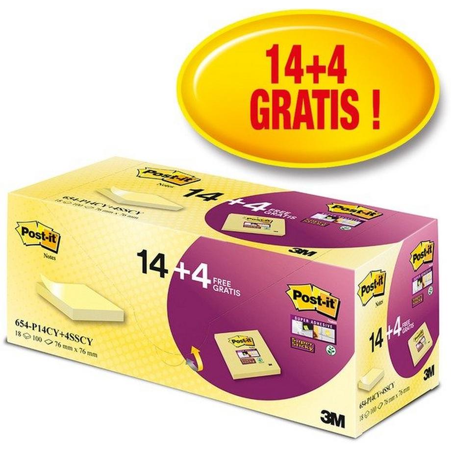 POST-IT Notes Promo Pack 77x76mm 654P14CY+ canary yellow 14+4