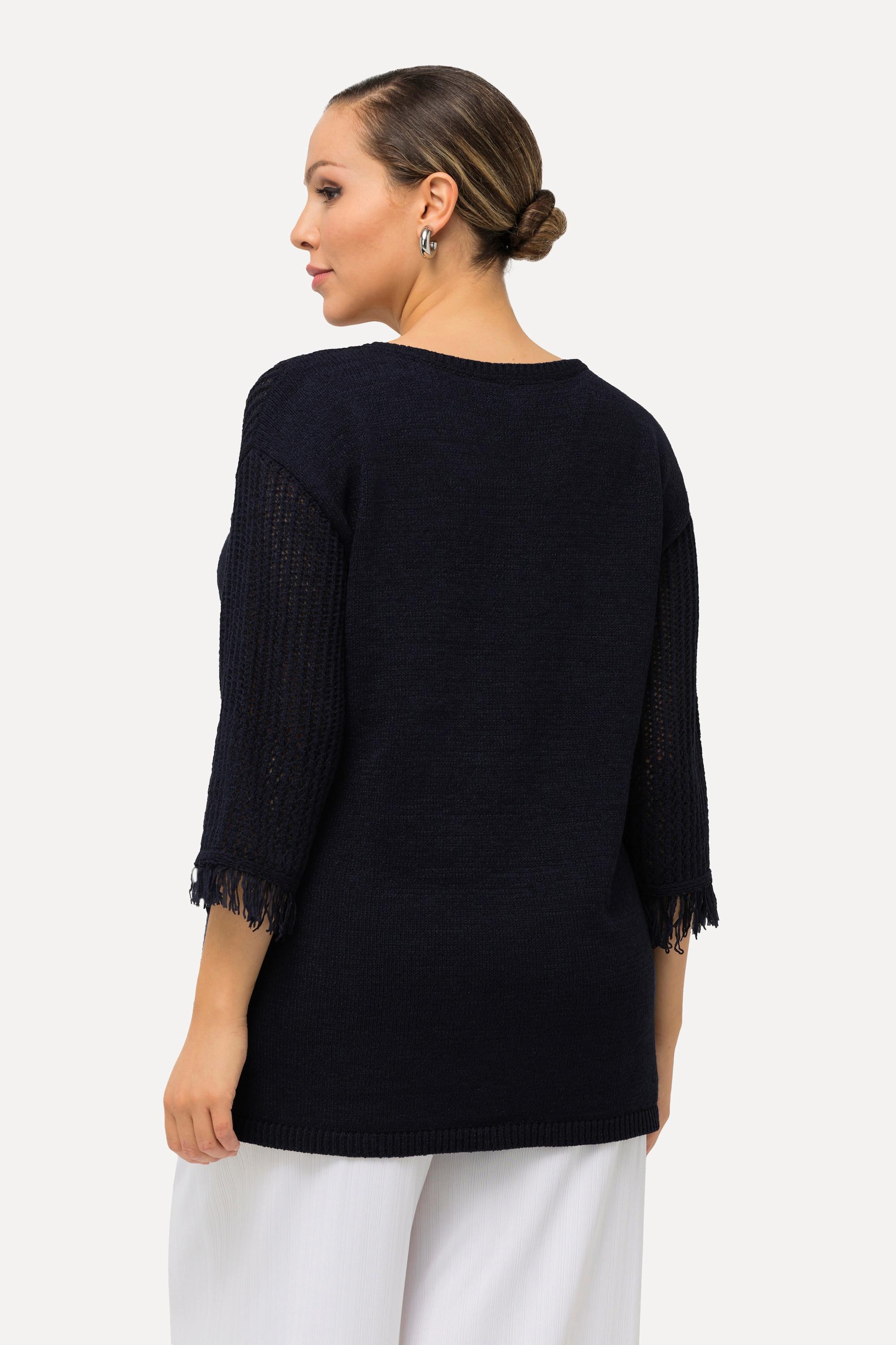 Ulla Popken  Pullover, Lochmuster, Rundhals, Fransen, 3/4-Arm 