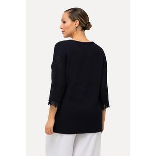 Ulla Popken  Pullover, Lochmuster, Rundhals, Fransen, 3/4-Arm 