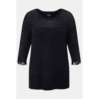 Ulla Popken  Pullover, Lochmuster, Rundhals, Fransen, 3/4-Arm 