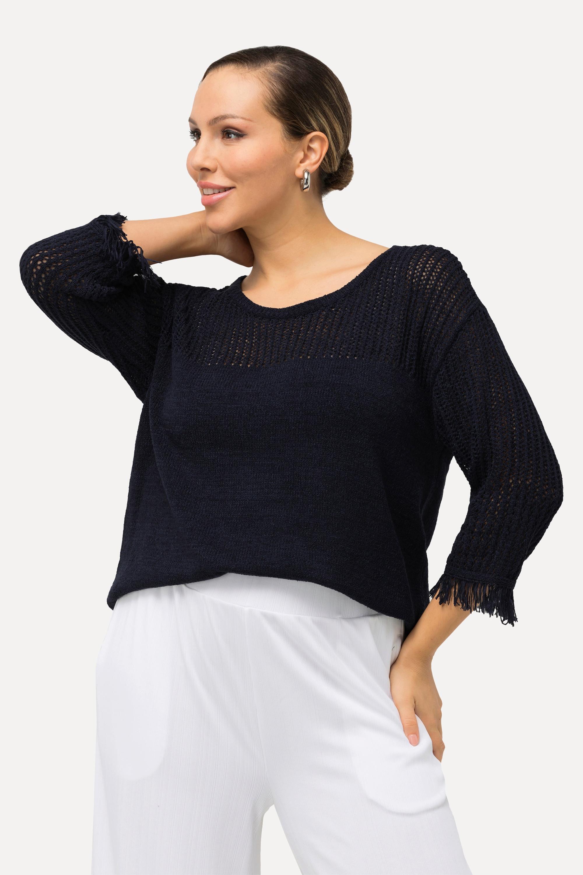 Ulla Popken  Pullover, Lochmuster, Rundhals, Fransen, 3/4-Arm 