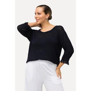 Ulla Popken  Pullover, Lochmuster, Rundhals, Fransen, 3/4-Arm 