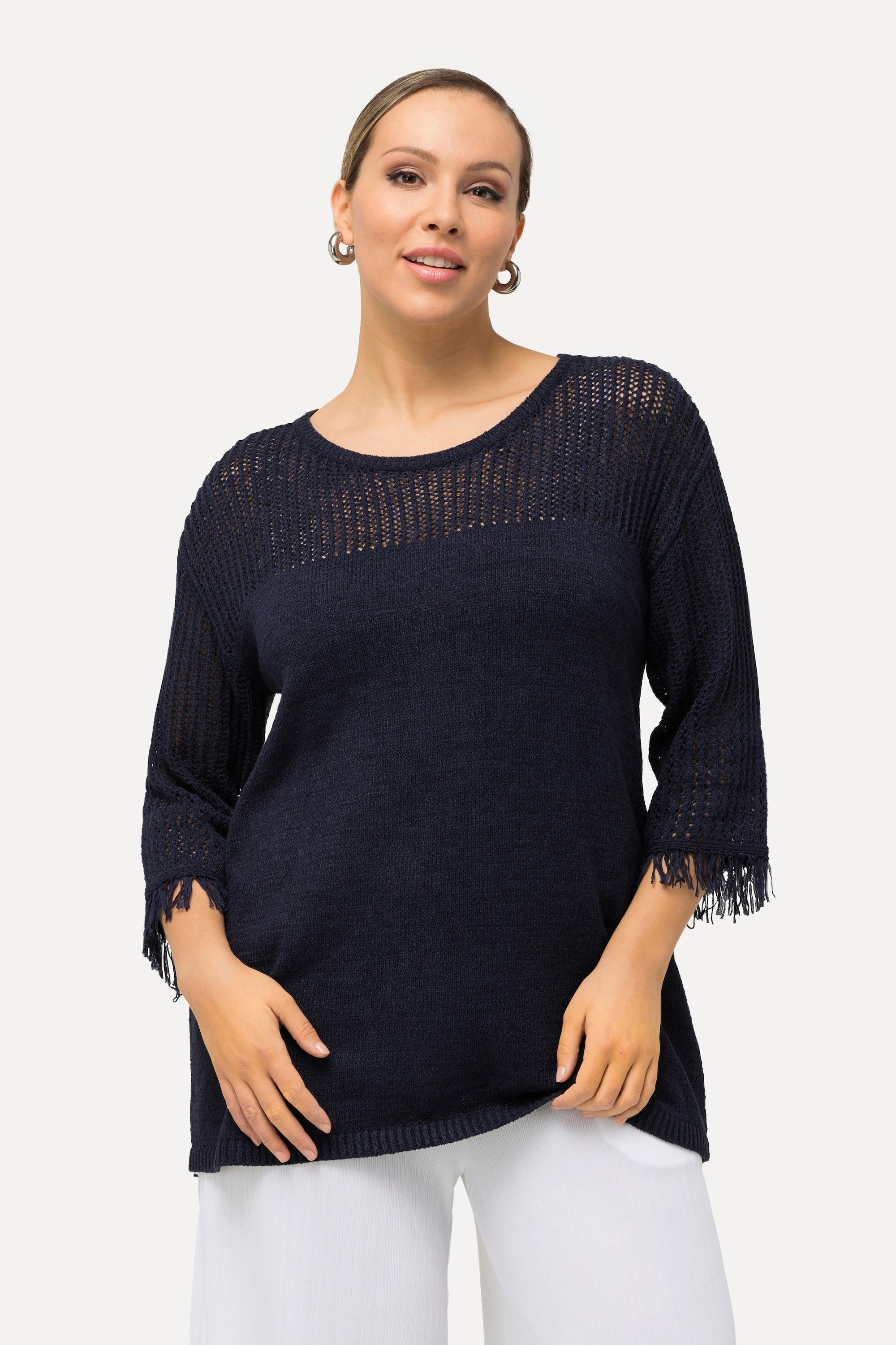 Ulla Popken  Pullover, Lochmuster, Rundhals, Fransen, 3/4-Arm 