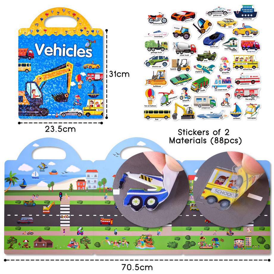 Activity-board 3D geschwollenes Aufkleberbuch für Kinder, 88 Stück süße wasserdichte Fahrzeugaufkleber  