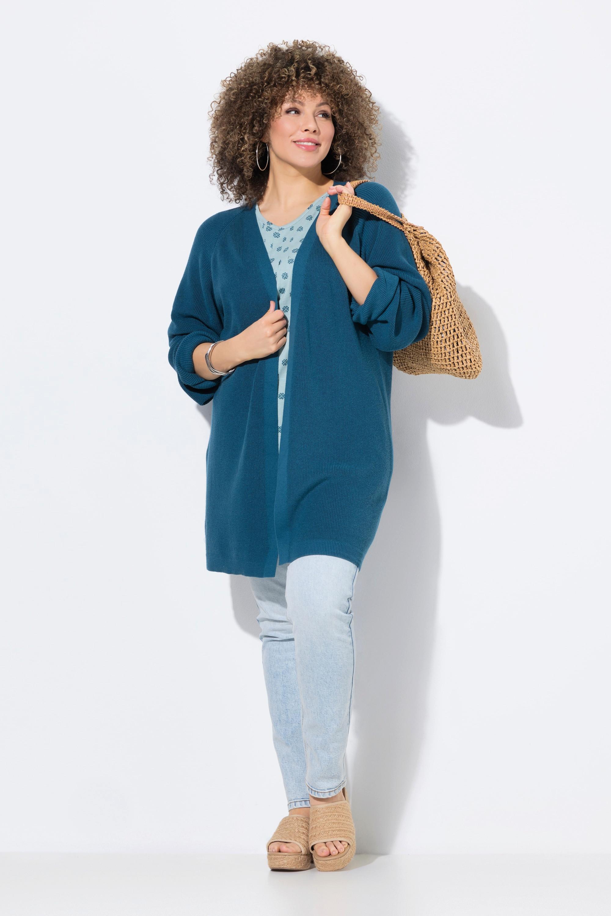 Ulla Popken Cardigan lungo in maglia a costine aperto scollo a V  