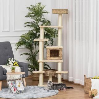 Northio  Griffoir En Rotin Arbre À Chat Avec Grotte À Chat Arbre À Chat À Plusieurs Niveaux E1 Mdf Sisal Beige+Marron 55 X 55 X 174 Cm 