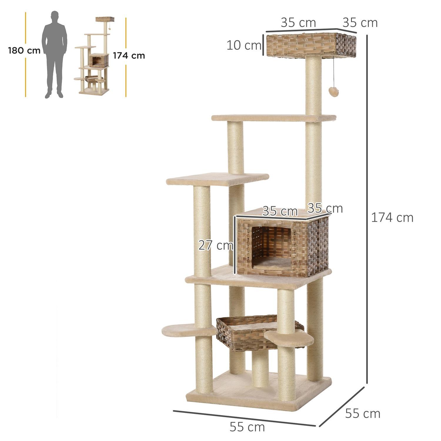 Northio  Griffoir En Rotin Arbre À Chat Avec Grotte À Chat Arbre À Chat À Plusieurs Niveaux E1 Mdf Sisal Beige+Marron 55 X 55 X 174 Cm 