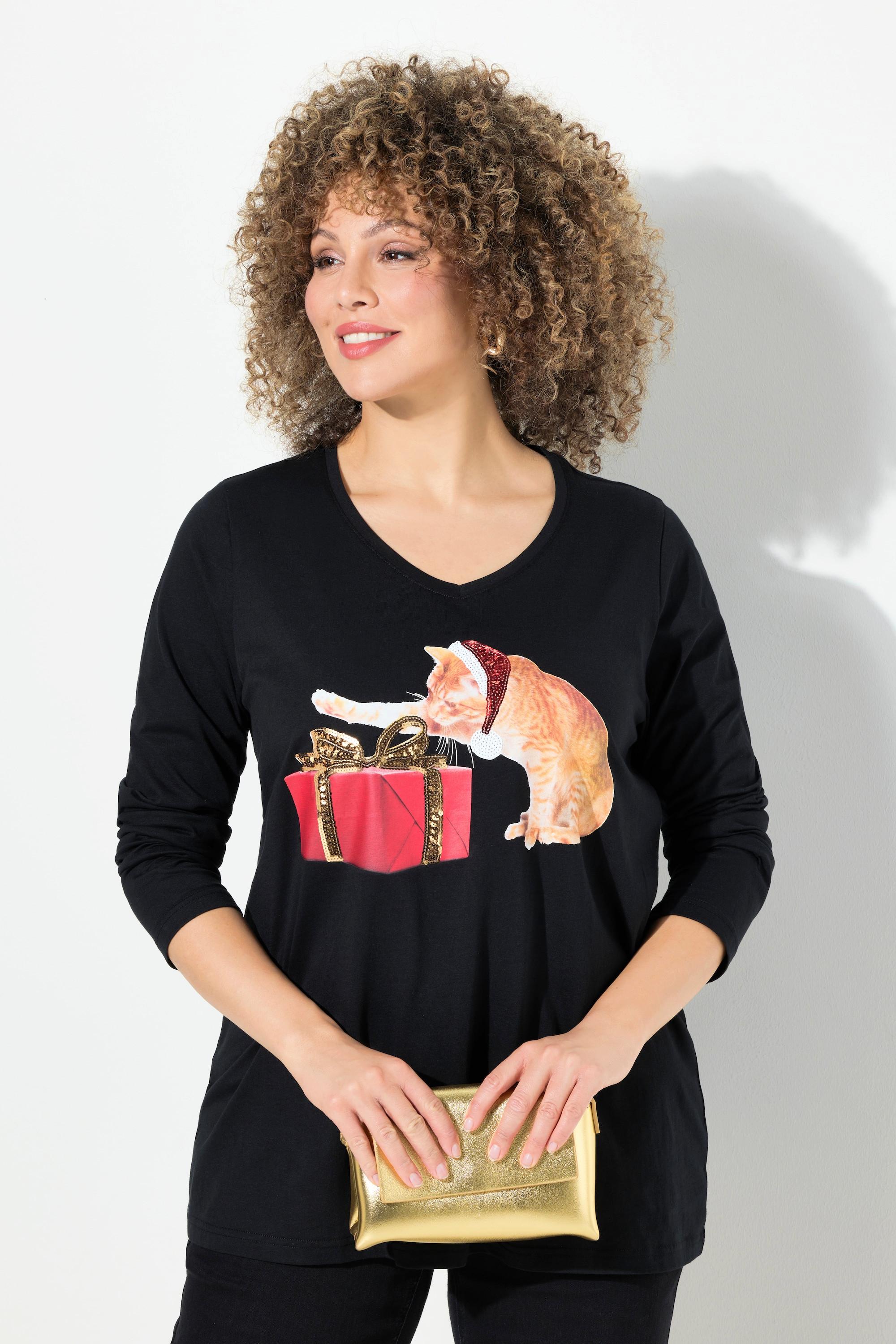 Ulla Popken  T-shirt de Noël à col en V et manches 3/4, ligne en A, motif chats 