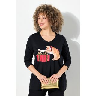 Ulla Popken  T-shirt de Noël à col en V et manches 3/4, ligne en A, motif chats 