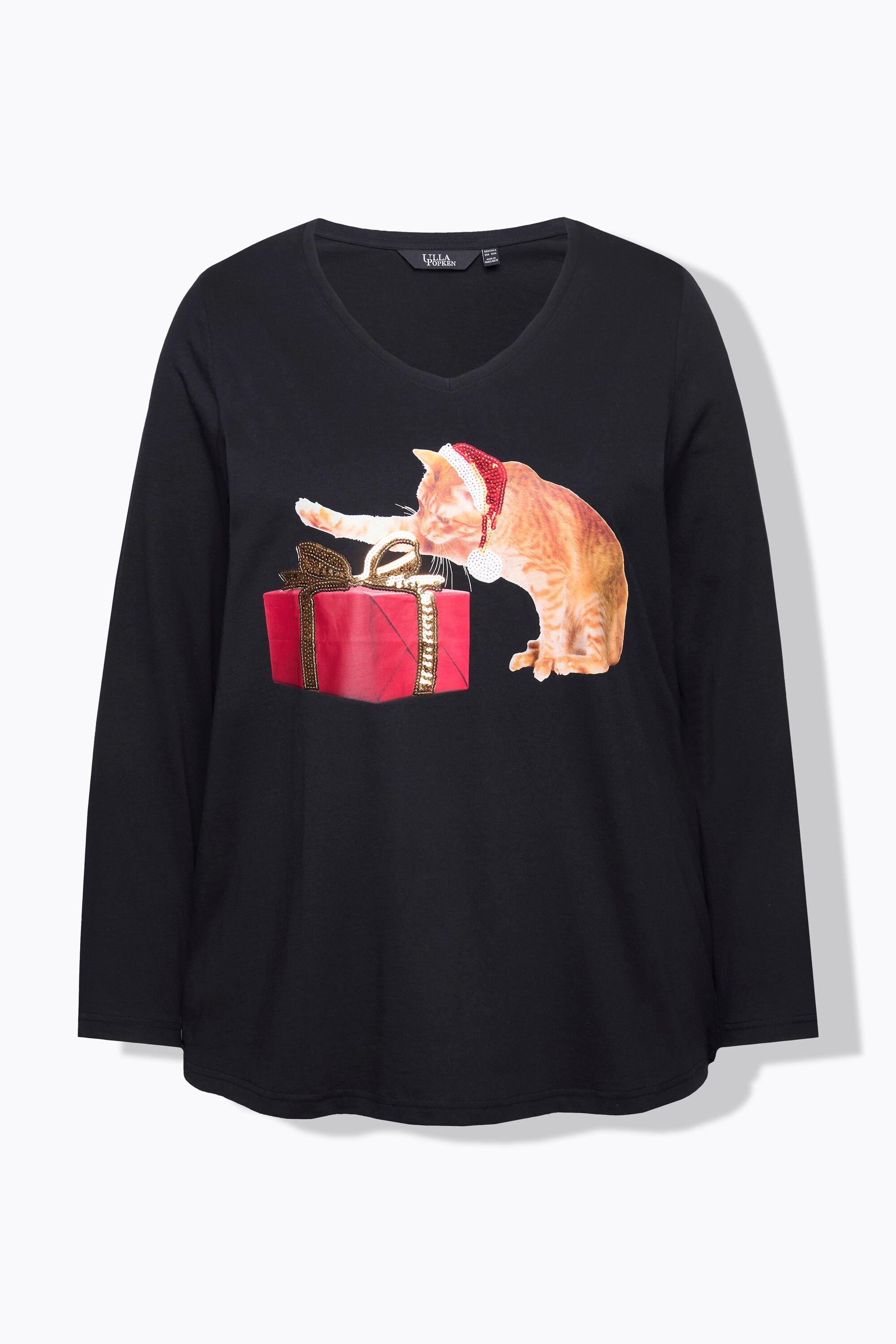 Ulla Popken  T-shirt de Noël à col en V et manches 3/4, ligne en A, motif chats 