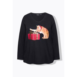 Ulla Popken  T-shirt de Noël à col en V et manches 3/4, ligne en A, motif chats 