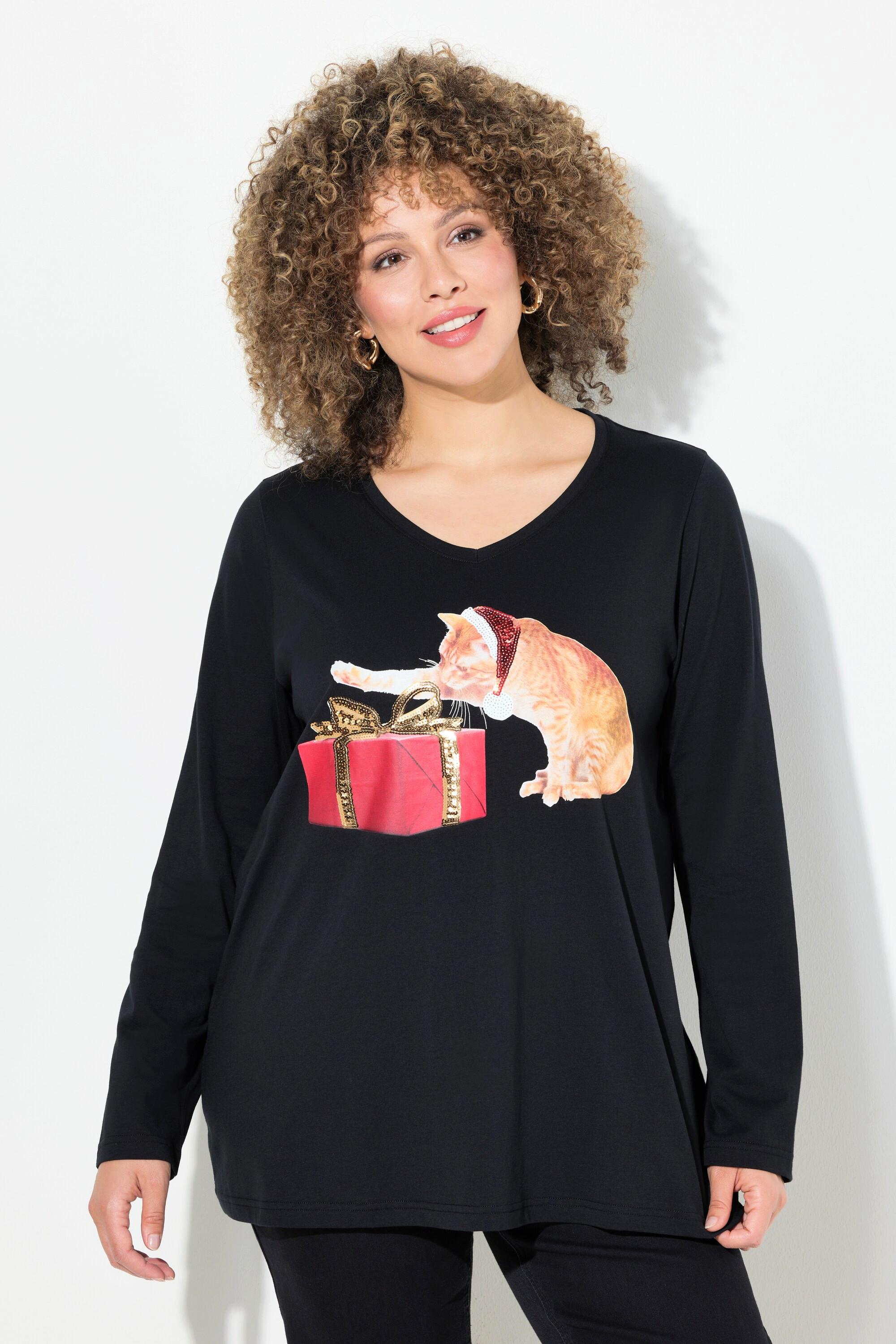 Ulla Popken  T-shirt de Noël à col en V et manches 3/4, ligne en A, motif chats 