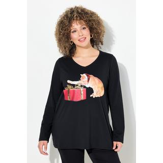 Ulla Popken  T-shirt de Noël à col en V et manches 3/4, ligne en A, motif chats 