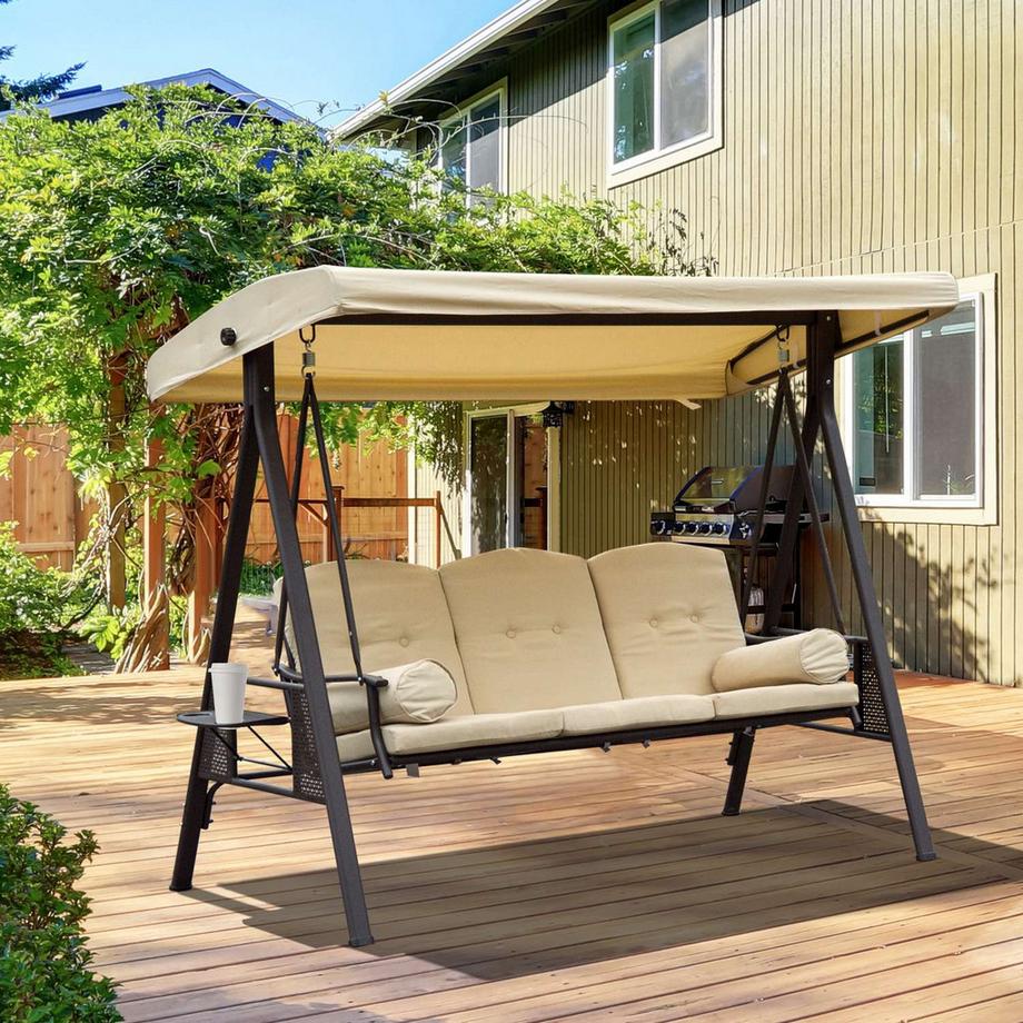 Northio 3-Sitzer Hollywoodschaukel Gartenschaukel Mit Sonnendach Kissen Metall Polyester Beige+Braun 120 X 208 X 172 Cm  