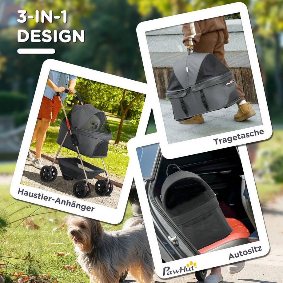 Northio  Hundewagen 3 in 1 Hundebuggy Faltbar Hundebox, klappbar Transporttasche mit Getränkehalter, Hunde Buggy, Katzenwagen mit 360° Räder Katzenbuggy für Mini Hunde unter 4 kg, Grau Aosom 