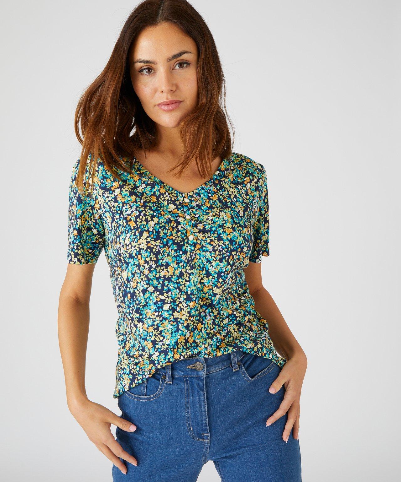 Image of Bedrucktes T-shirt, V-ausschnitt, Leichte Und Fließende Jerseyqualität. Damen Blau 38/40