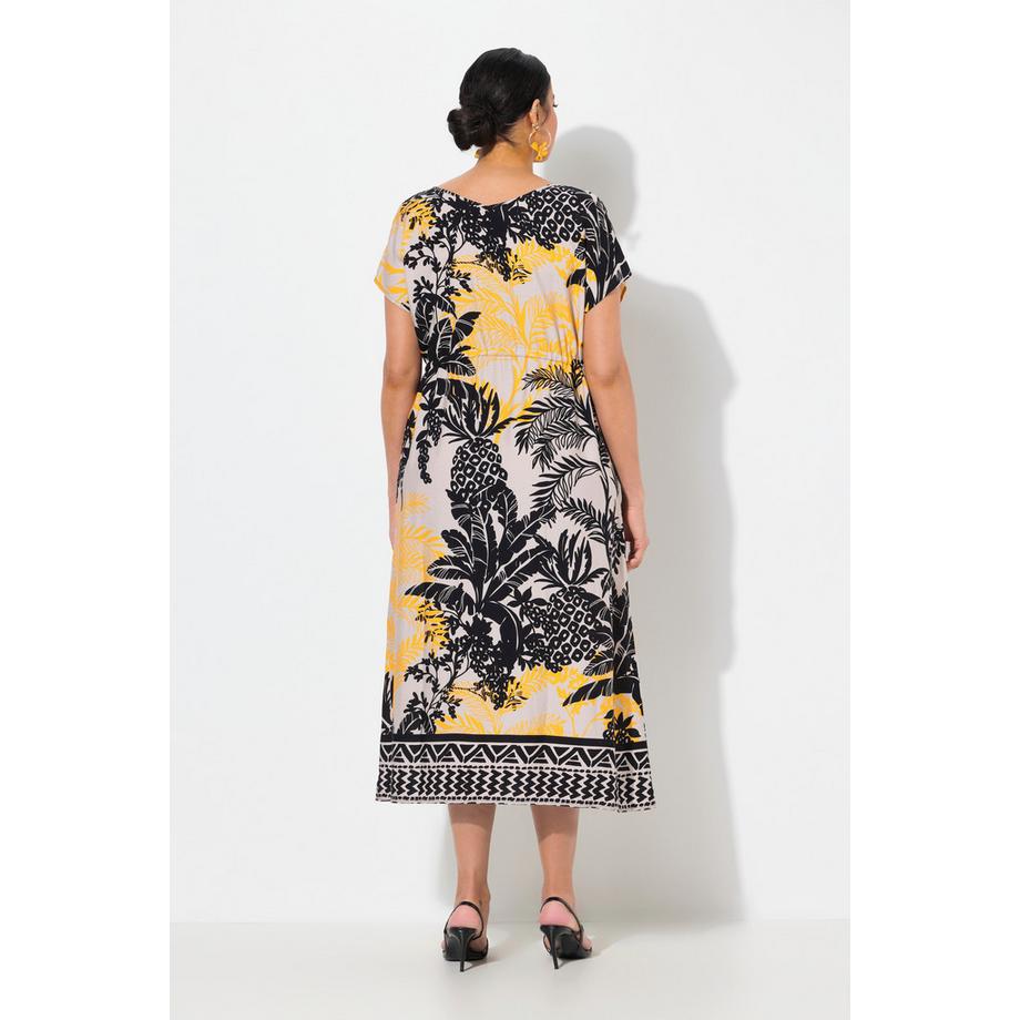 Ulla Popken Maxi Abito Stampa Palme Scollo a V Coulisse Senza Maniche  