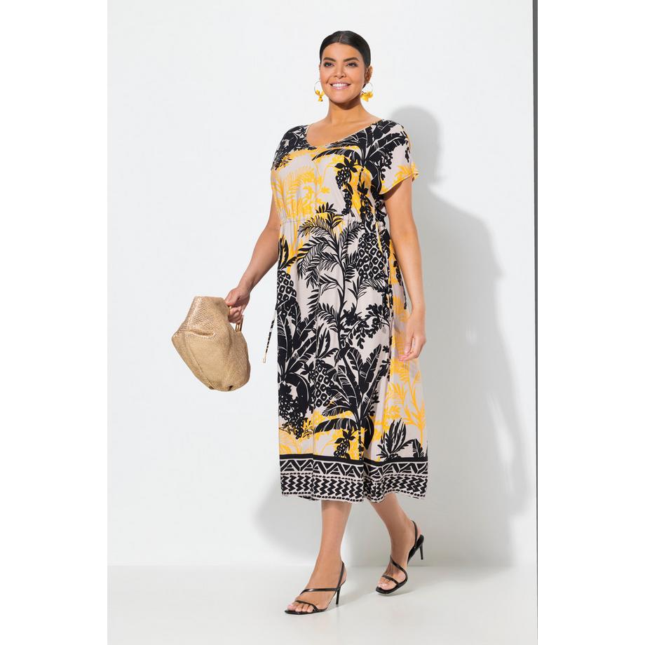 Ulla Popken Maxi Abito Stampa Palme Scollo a V Coulisse Senza Maniche  