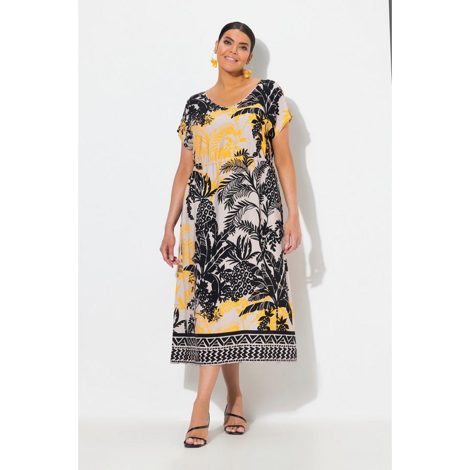 Ulla Popken Maxi Abito Stampa Palme Scollo a V Coulisse Senza Maniche  