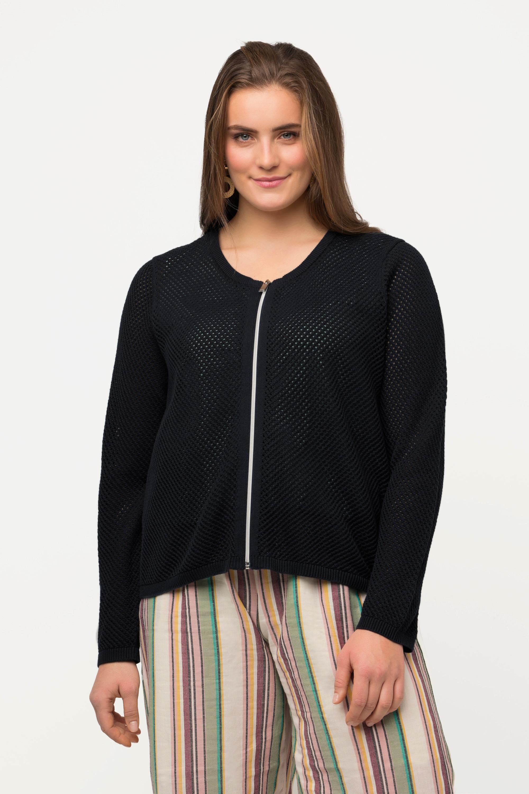 Ulla Popken  Cardigan en maille ajourée. Décolleté rond. Coton bio. 