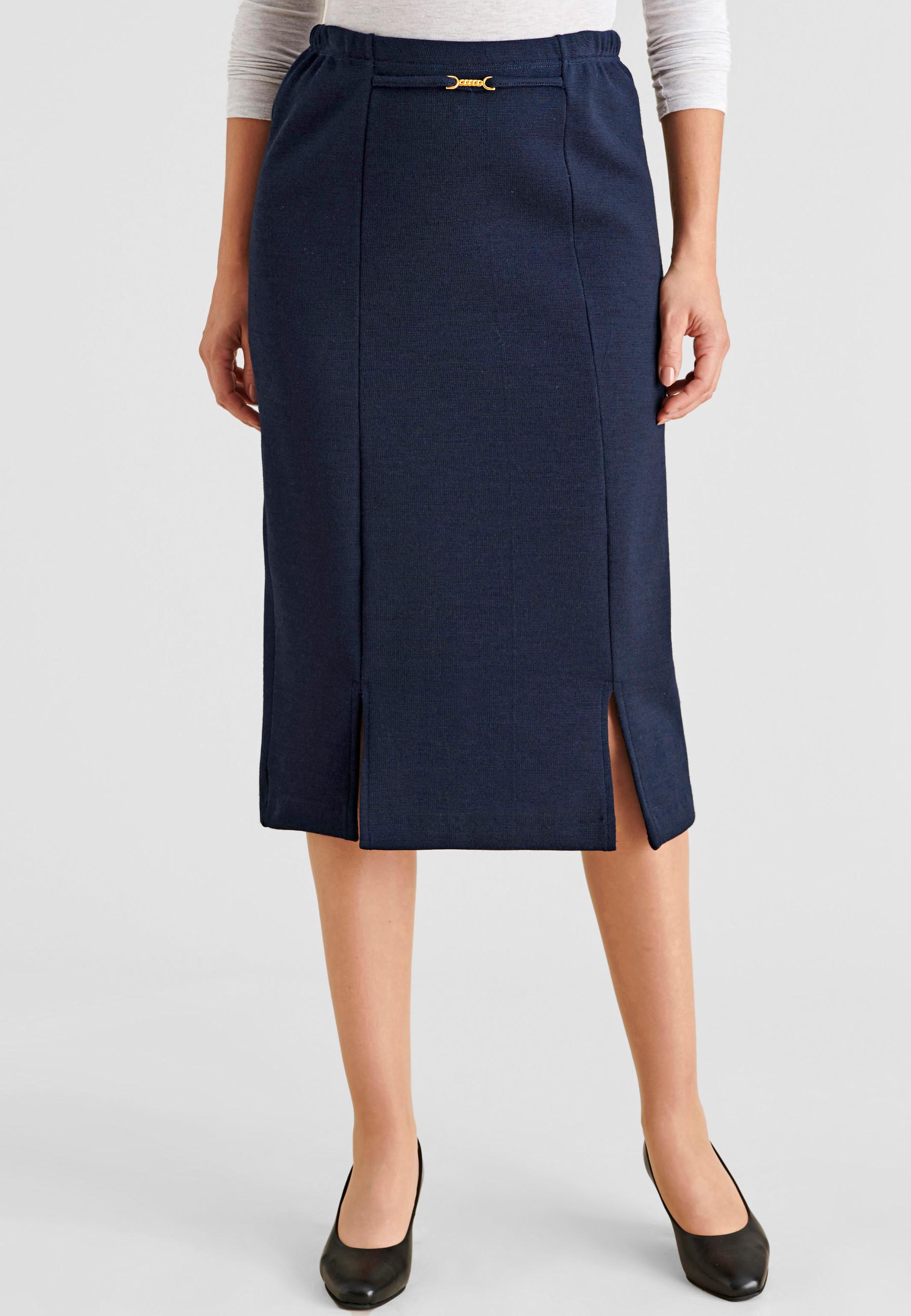 Image of Gefütterter Rock Aus Thermolactyl-milanostrick Mit Goldfarbener Zierschnalle. Damen Blau 38