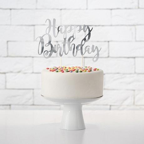PartyDeco Cake Topper Happy Birthday Argenté  