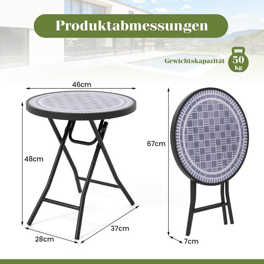 Northix Runder Patio-Couchtisch mit Gehärteter Glasplatte & Metallrahmen Klappbarer Beistelltisch Grau  
