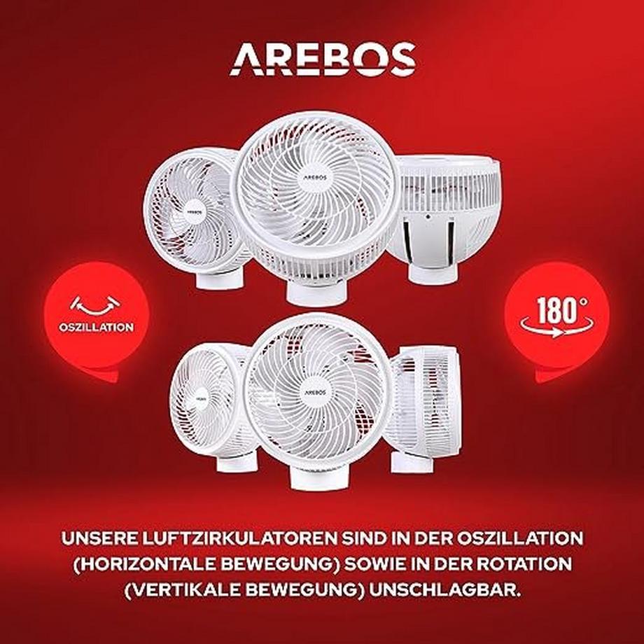 Arebos  3D Tischventilator Ø 23cm Luftzirkulator Luftkühler leise 55W Ventilator 