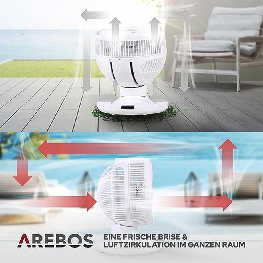 Arebos  3D Tischventilator Ø 23cm Luftzirkulator Luftkühler leise 55W Ventilator 