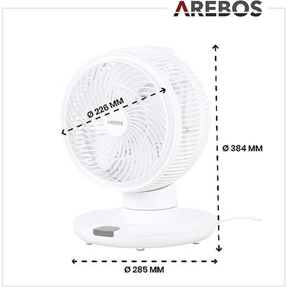 Arebos  3D Tischventilator Ø 23cm Luftzirkulator Luftkühler leise 55W Ventilator 