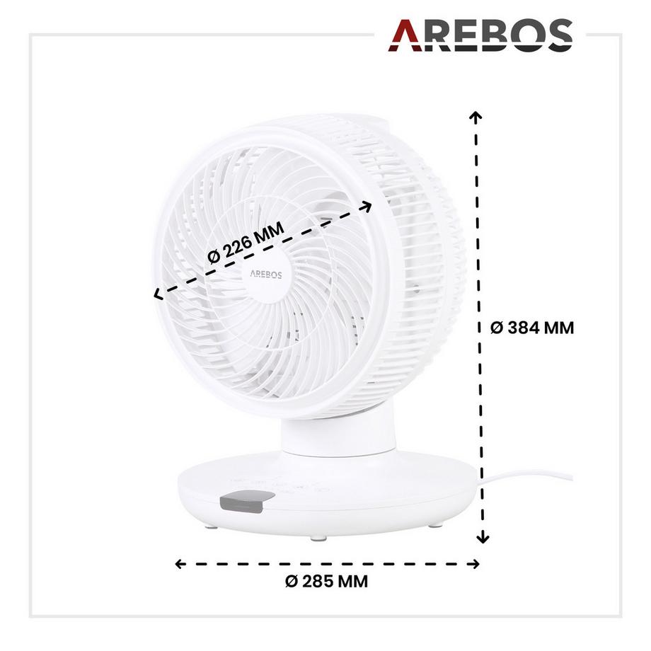 Arebos  3D Tischventilator Ø 23cm Luftzirkulator Luftkühler leise 55W Ventilator 