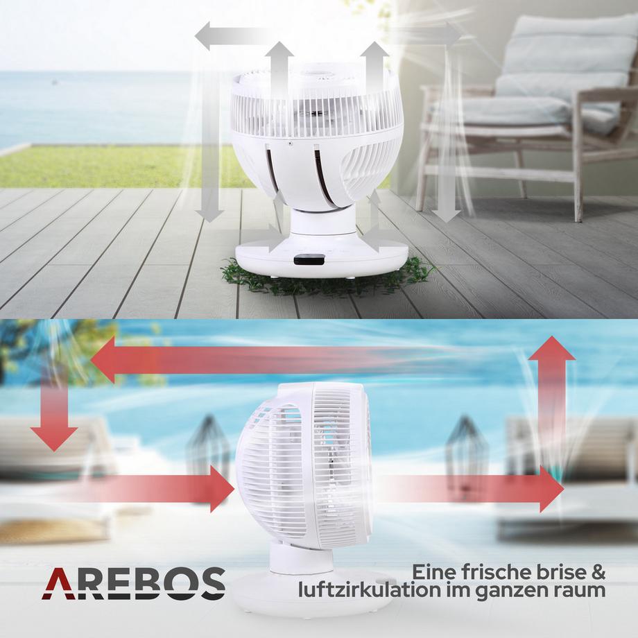 Arebos  3D Tischventilator Ø 23cm Luftzirkulator Luftkühler leise 55W Ventilator 