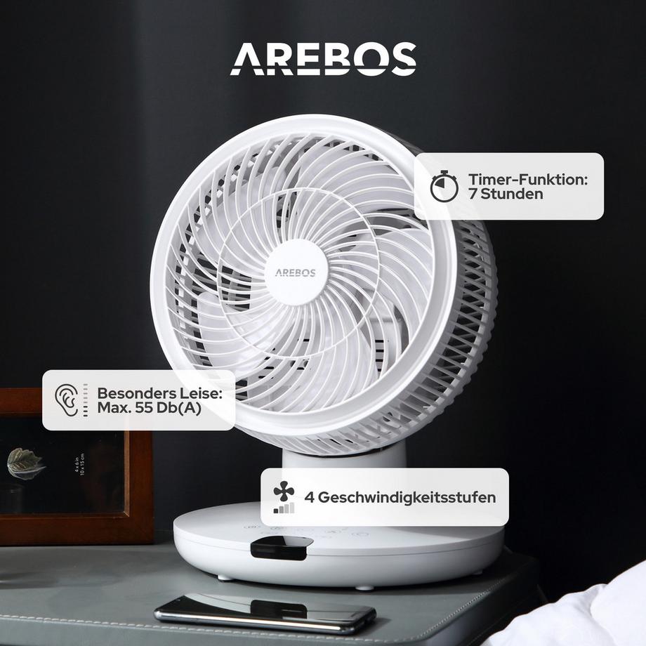 Arebos  3D Tischventilator Ø 23cm Luftzirkulator Luftkühler leise 55W Ventilator 