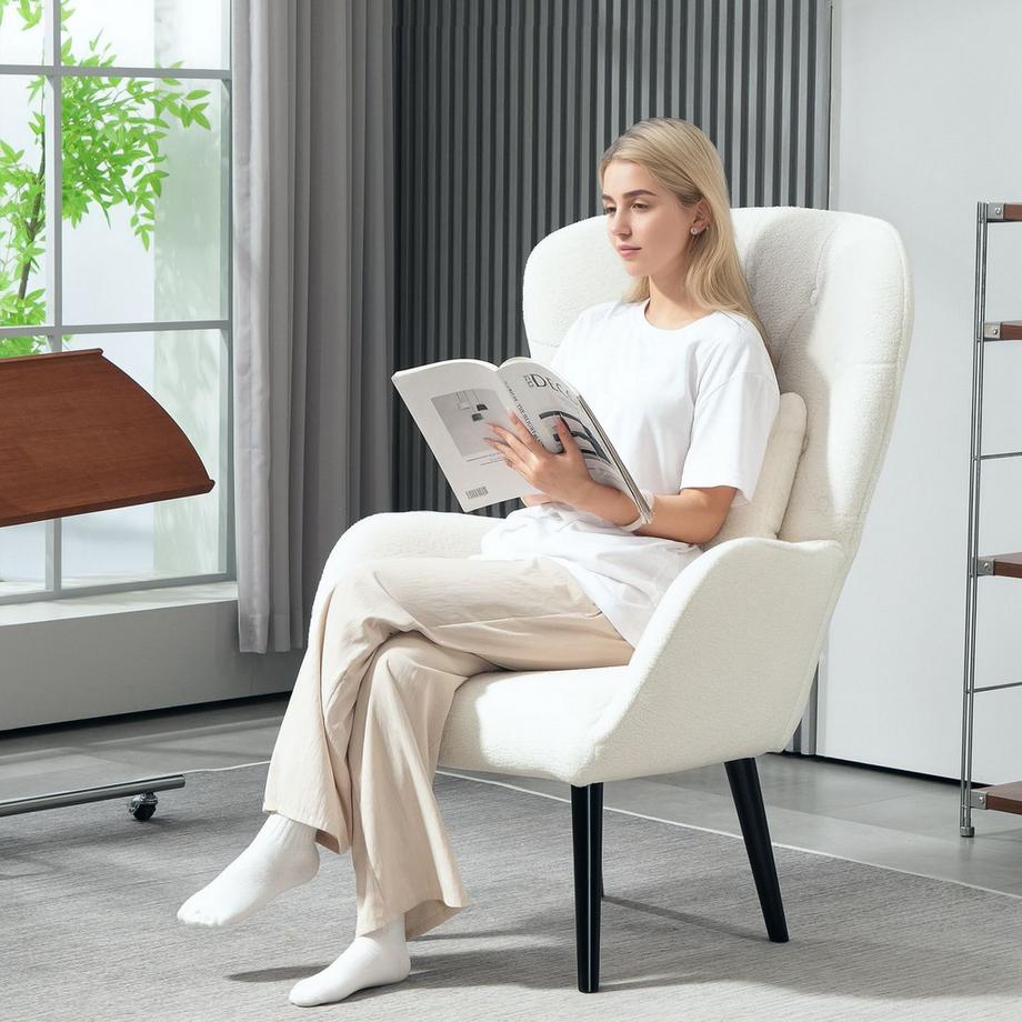 Northio Fauteuil chaise longue avec coussin lombaire, fauteuil Teddy rembourré avec pieds en bois, dossier capitonné en diamant, chaise de relaxation pour salon, chambre à coucher, blanc  