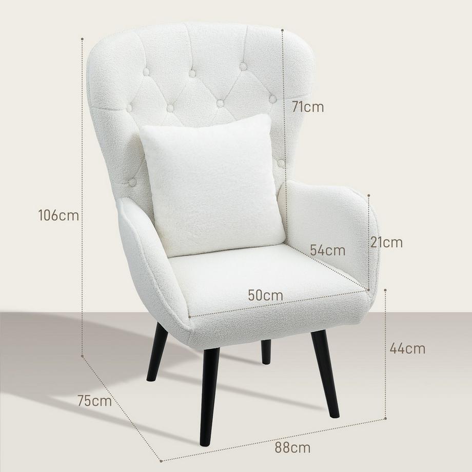 Northio Fauteuil chaise longue avec coussin lombaire, fauteuil Teddy rembourré avec pieds en bois, dossier capitonné en diamant, chaise de relaxation pour salon, chambre à coucher, blanc  
