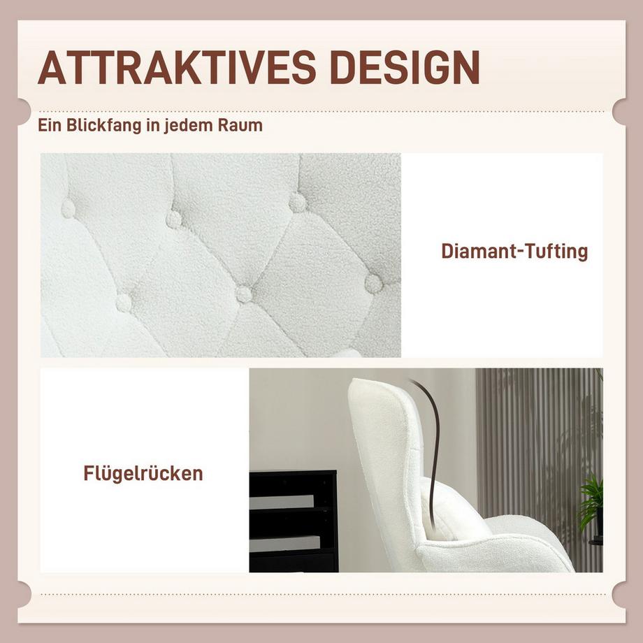 Northio Fauteuil chaise longue avec coussin lombaire, fauteuil Teddy rembourré avec pieds en bois, dossier capitonné en diamant, chaise de relaxation pour salon, chambre à coucher, blanc  