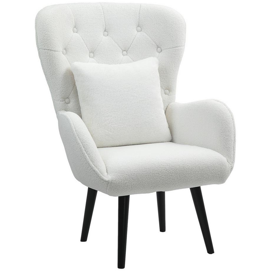 Northio Fauteuil chaise longue avec coussin lombaire, fauteuil Teddy rembourré avec pieds en bois, dossier capitonné en diamant, chaise de relaxation pour salon, chambre à coucher, blanc  