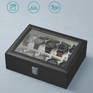 Songmics  Boîte à montres en cuir noir avec 10 compartiments et couvercle en verre 