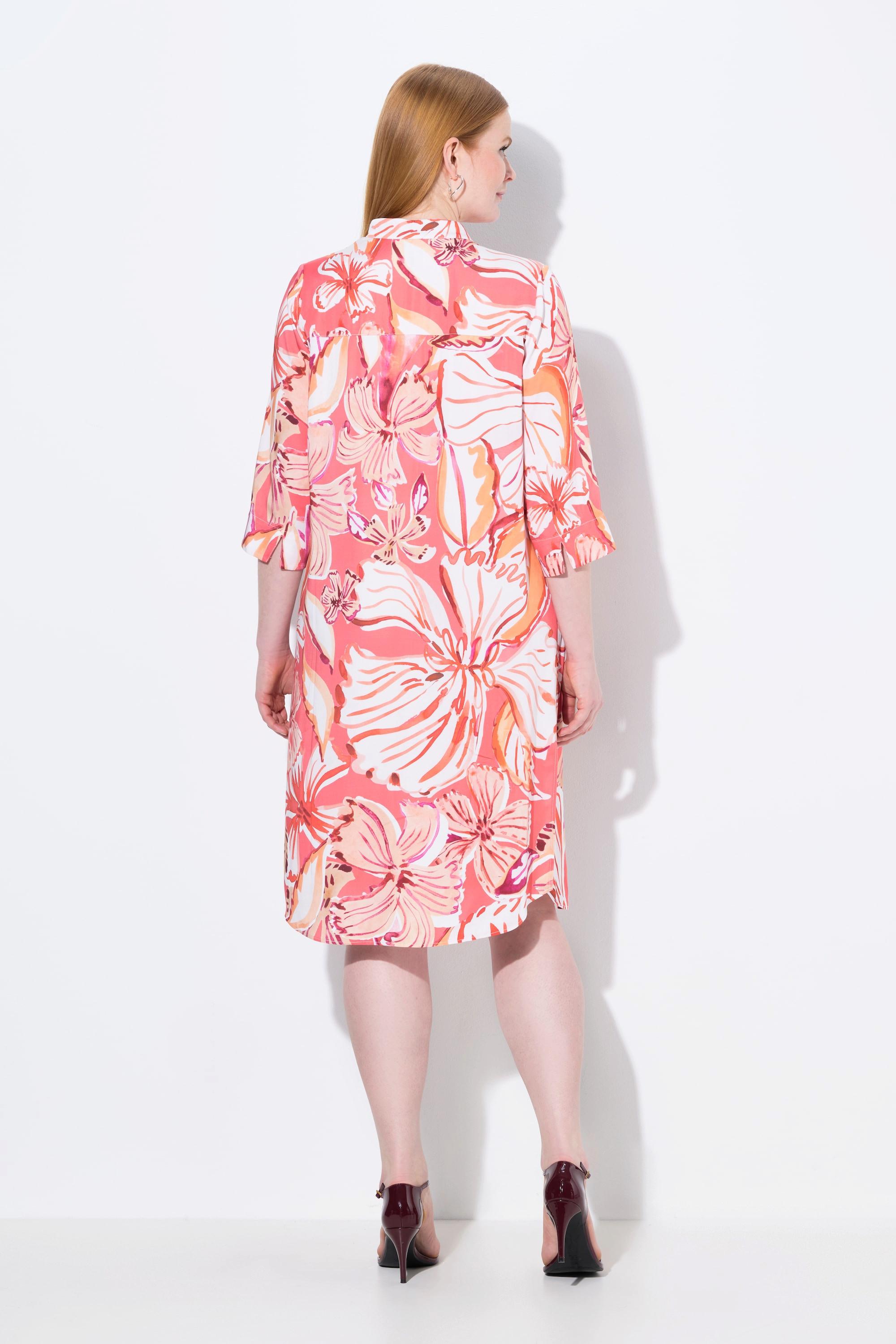 Ulla Popken Abito Svasato Stampa Foglie Collo Alto Maniche 3/4  