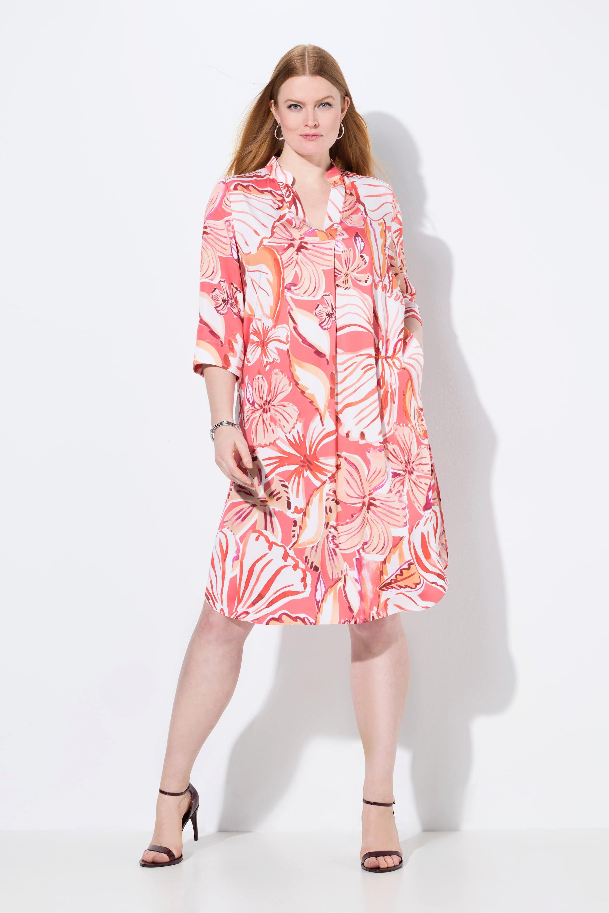 Ulla Popken Abito Svasato Stampa Foglie Collo Alto Maniche 3/4  