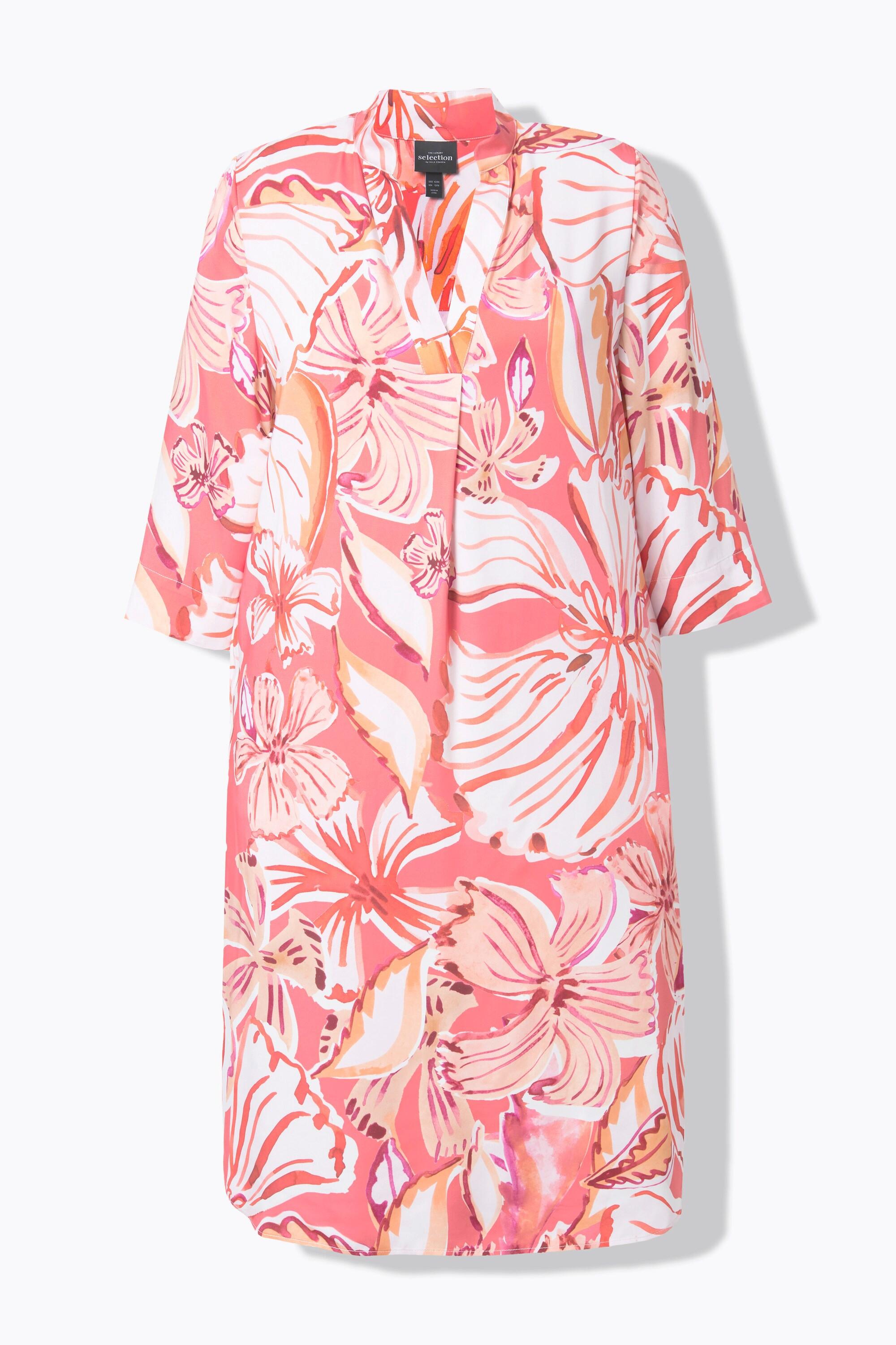 Ulla Popken Abito Svasato Stampa Foglie Collo Alto Maniche 3/4  