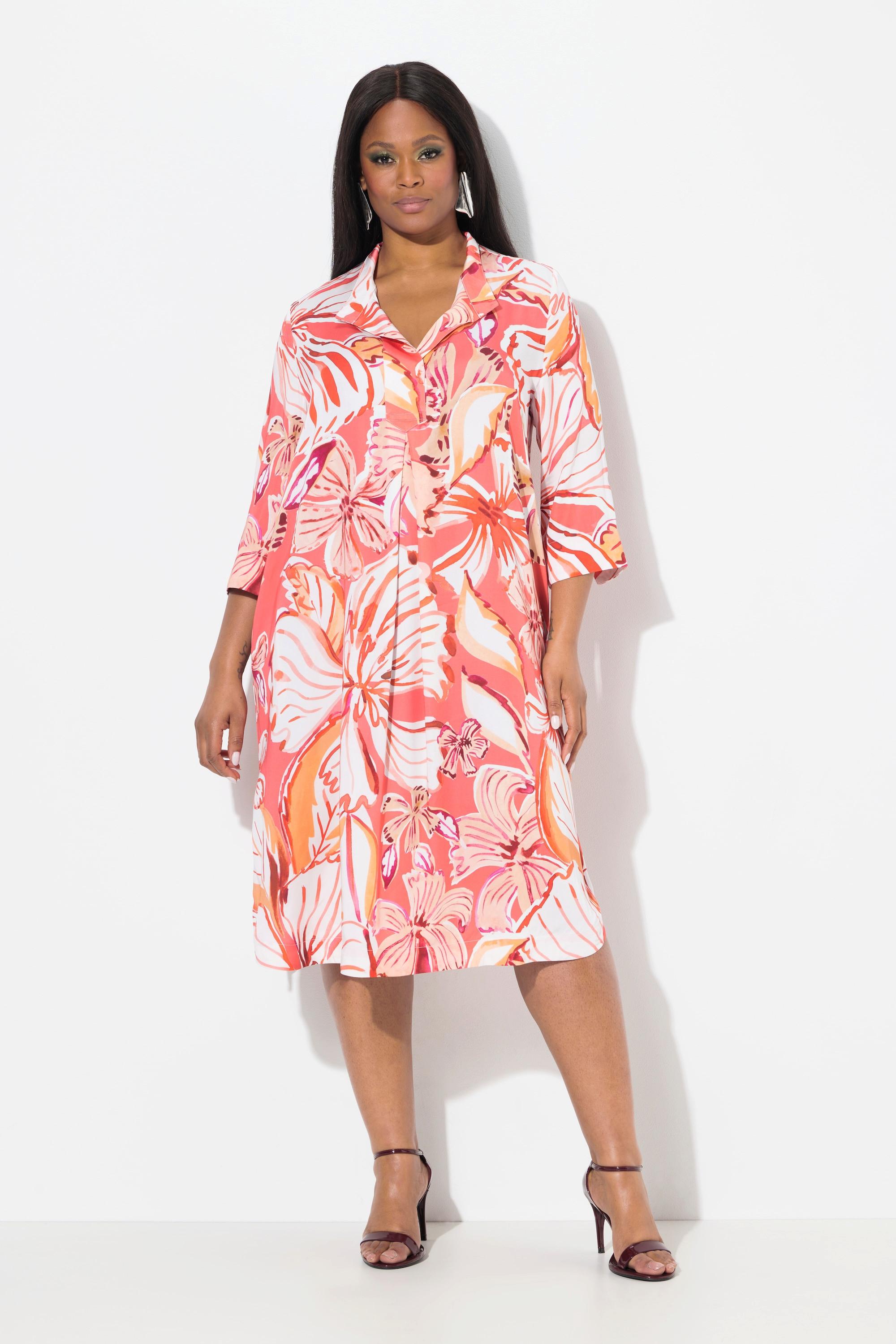 Ulla Popken Abito Svasato Stampa Foglie Collo Alto Maniche 3/4  