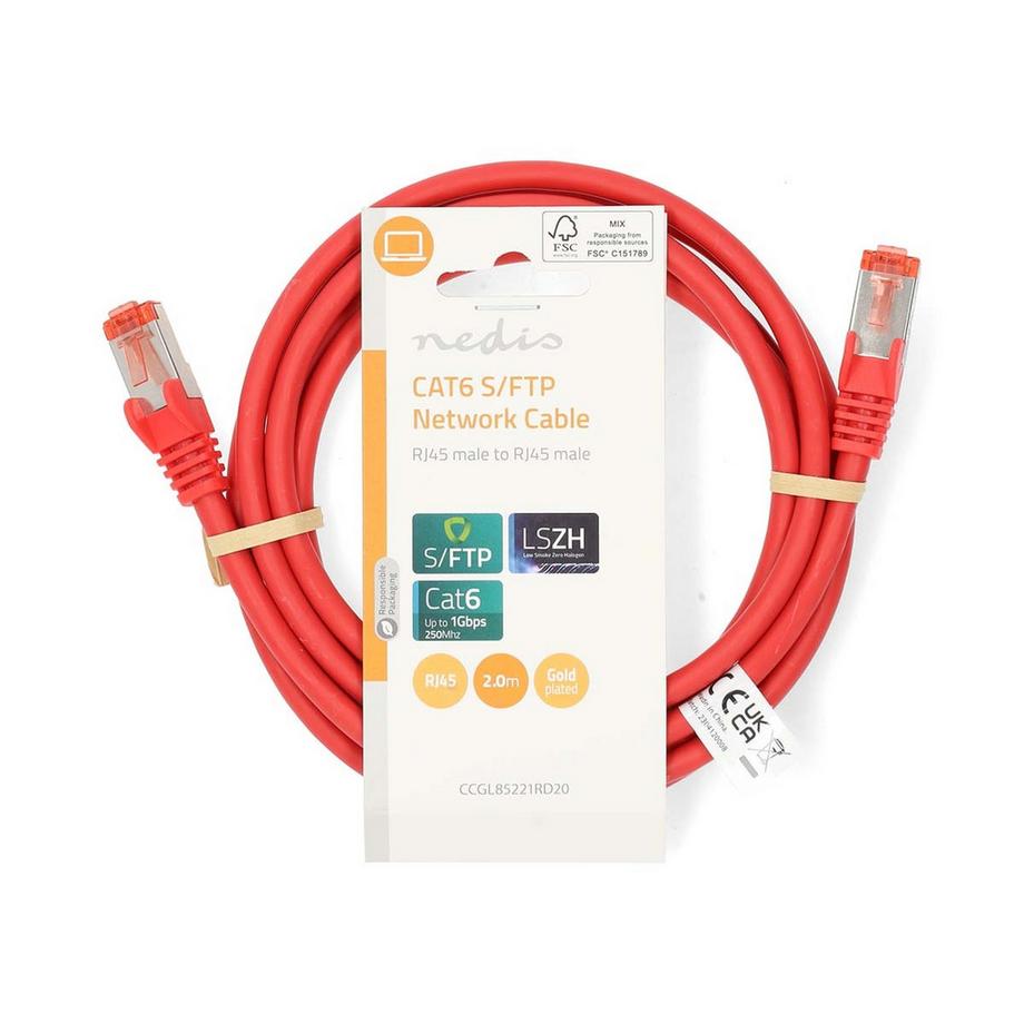 Nedis  Câble réseau Cat6 | RJ45 Mâle | RJ45 Mâle | S / FTP | 2,00 m | Round | Lszh | Rouge | Étiquette 