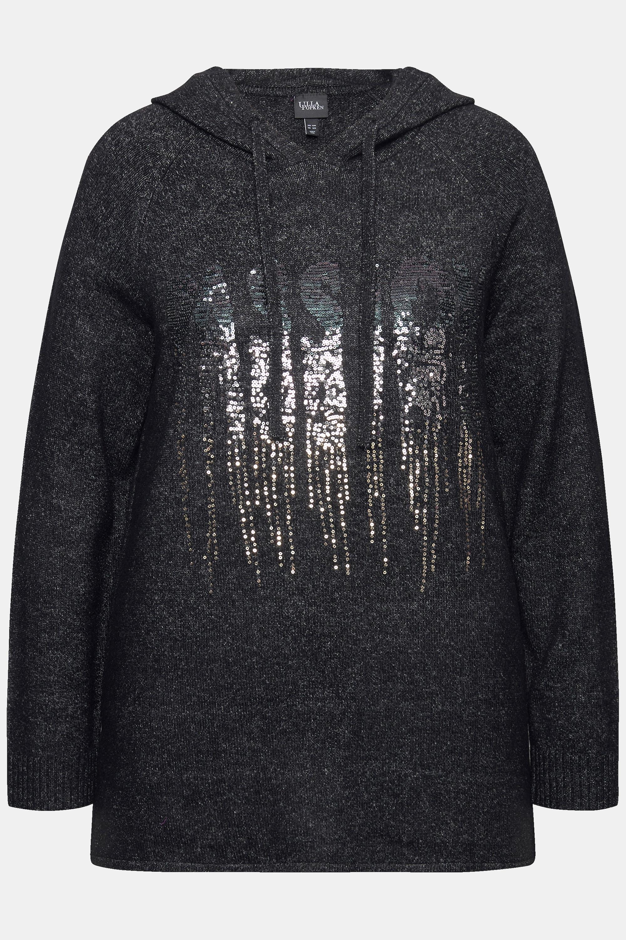 Ulla Popken  Sweat-shirt en maille avec paillettes, capuche et manches longues, coupe évasée 