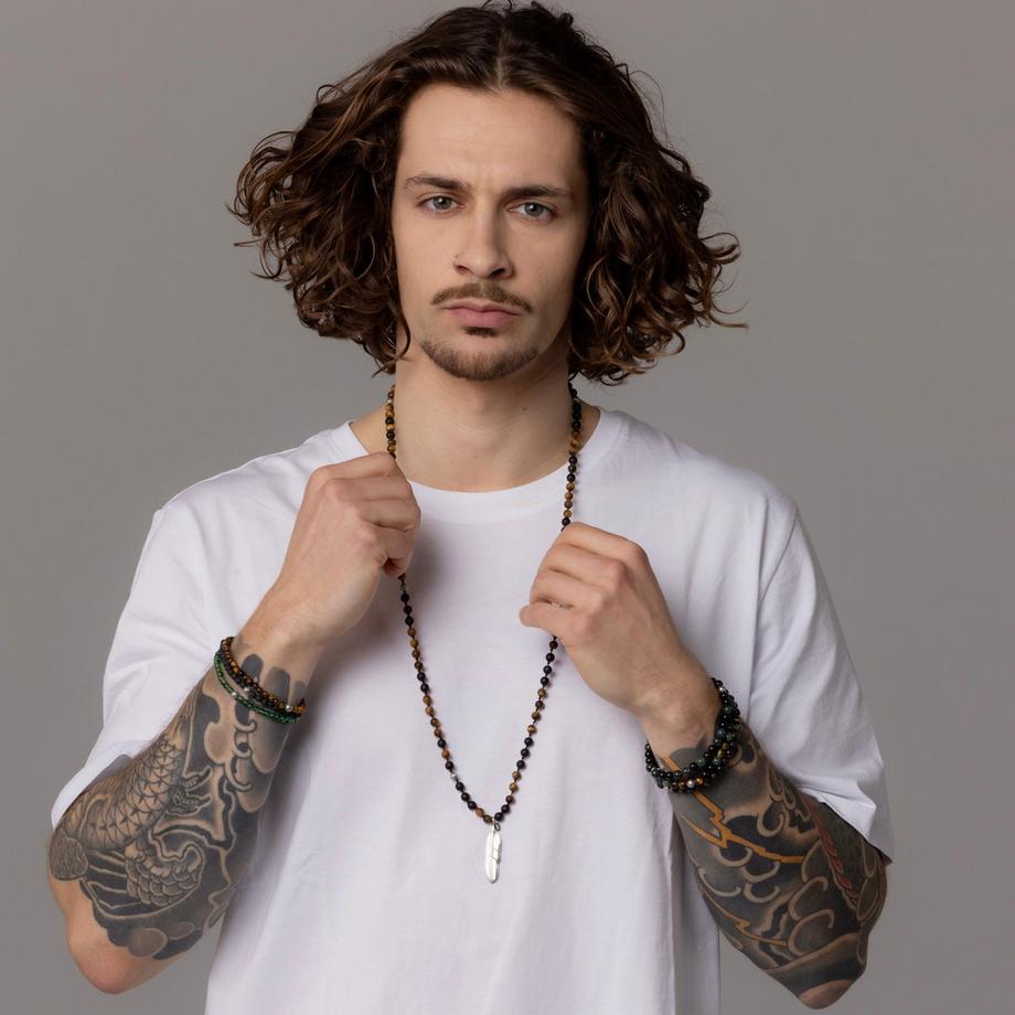 Balibay  Collier Karim avec œil de tigre mat et onyx 