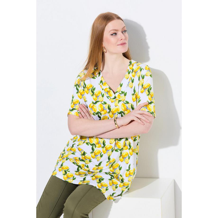 Ulla Popken Maglia Slinky Stampa Limoni Taglio Svasato Scollo a V Mezza Manica  